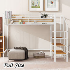 Bellemave® Metal Loft Bed with Upper Grid Storage Shelf and Lateral Storage Ladder