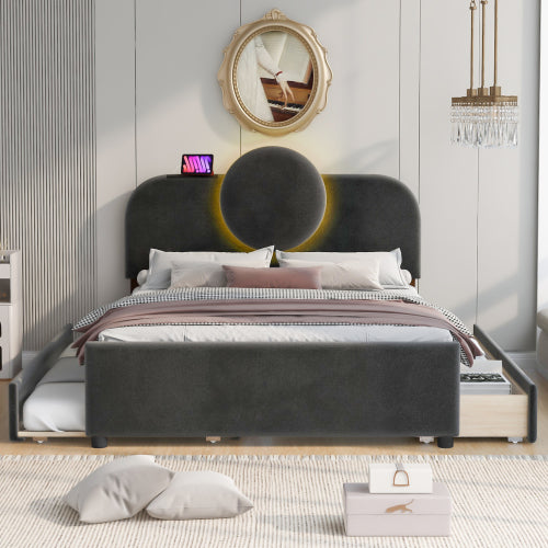 Bellemave® Upholstered Platform Bed with Multi-functional Headboard, Trundle Bed and 2 Drawers