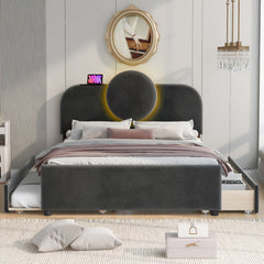 Bellemave® Upholstered Platform Bed with Multi-functional Headboard, Trundle Bed and 2 Drawers