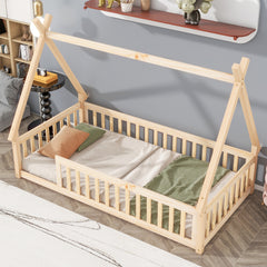 Bellemave® Twin Size Tent-Shaped Floor Bed with Guardrails and Slats