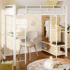 Bellemave® Twin Size Metal Loft Bed with Built-in Wardrobe, Desk and Shelves