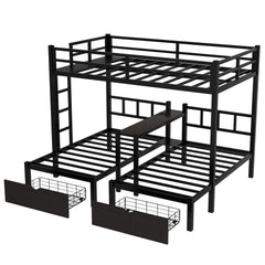 Bellemave® Full XL Over Twin & Twin Triple Bunk Bed with Drawers, Desks and Shelves In the Middle