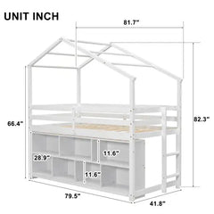 Bellemave® Twin Size House Loft Bed with Roof Frame, Under Bed Shelving Storage Unit, Guardrails, Ladder Bellemave®