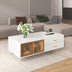 Bellemave® Modern Coffee Table with 2 Glass Door Storage and 4 Drawers, Gold Metal Legs and Multi-Color Lighting