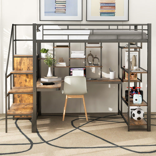 Bellemave® Full Size Metal Loft Bed with Storage Staircase and Small Wardrobe, Built-in Desk and Storage Shelves