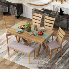 Bellemave® 6-Piece Retro Dining Table Set, Table with Unique Legs and 4 Upholstered Chairs & 1 Bench