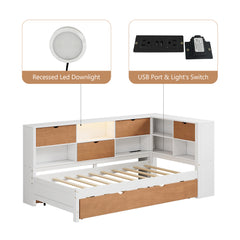 Bellemave® L-Shaped Bed Frame with Trundle and and Bookcase,LED Downlight and USB Port