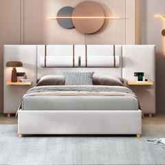 Bellemave® Upholstered Platform Bed with Two Outlets and USB Charging Ports on Both Sides, Two Bedside Pillows