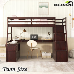 Bellemave® Loft Bed with 7 Drawers 2 Shelves and Desk