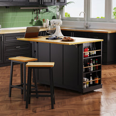 Bellemave® 53" Large Kitchen Island on 5 Wheels with 2 Bar Stools, Power Outlet,Door Internal Storage Rack, Drop Leaf, 5 Open Side Racks, 3 Drawers