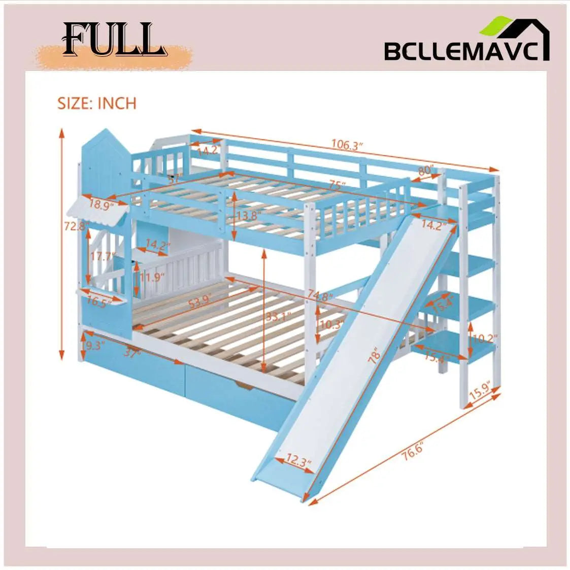 Bellemave Castle Style Bunk Bed with 2 Drawers 3 Shelves and Slide