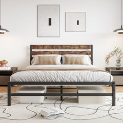 Bellemave® Metal Platform Bed with Rustic Vintage Wood Headboard, Strong Metal Slats Support Mattress Foundation