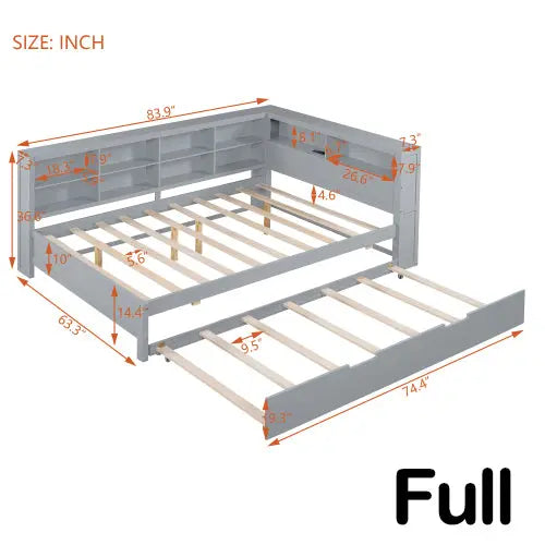 Bellemave Wooden DayBed with Trundle,Storage Shelf and USB Charging Ports Bellemave