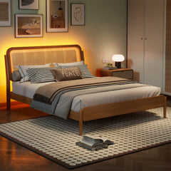 Bellemave® Queen Size Wood Storage Platform Bed with LED Light, Rattan Headboard