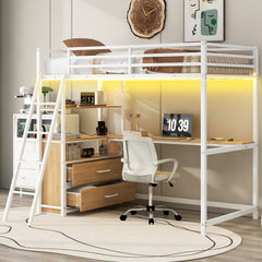 Bellemave® Twin Size Metal&Wood Loft Bed with Desk and Shelves, Two Built-in Drawers, LED Light and USB Charging Station