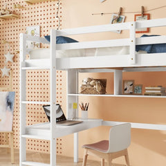 Bellemave® Twin Size Loft Bed with Built-In Desk and Bookcase of Three Compartments, Guardrails and Ladder