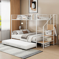 Bellemave® Twin Over Full Metal Bunk Bed with Trundle and Lateral Storage Ladder and Wardrobe