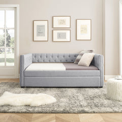 Bellemave® Upholstered Tufted Daybed with Trundle Bed, with Button and Copper Nail on Square Arms