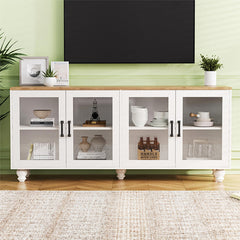 Bellemave® 63" Farmhouse TV Stand with Tempered Glass Doors,Adjustable Shelves and 5 Solid Wood Gourd-Shaped Legs