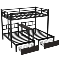 Bellemave® Full XL Over Twin & Twin Triple Bunk Bed with Drawers, Desks and Shelves In the Middle