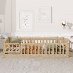 Bellemave® Twin Size Montessori Floor Bed with Fence and Door