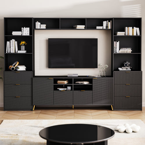 Bellemave® 4-Piece Multifunctional TV Stand Media Storage Cabinet with 13 shelves,8 Drawers and 2 Cabinets, with Fluted Line Surface