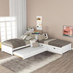 Bellemave® Twin Size L-shaped Platform Bed with Trundle and Drawers Linked with Built-In Desk