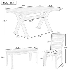 Bellemave® 6-Piece Retro Dining Table Set, Table with Unique Legs and 4 Upholstered Chairs & 1 Bench