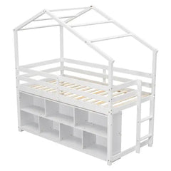 Bellemave® Twin Size House Loft Bed with Roof Frame, Under Bed Shelving Storage Unit, Guardrails, Ladder Bellemave®