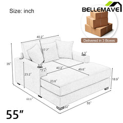 Bellemave® Oversized Chaise Lounge with Pillows, Charge Station & Cup Holders