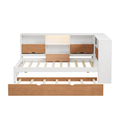 Bellemave® L-Shaped Bed Frame with Trundle and and Bookcase,LED Downlight and USB Port