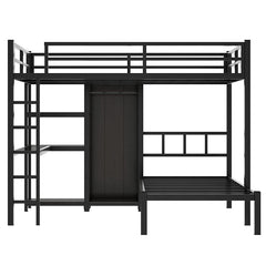 Bellemave® Full XL over Twin Metal Bunk Bed with Desk and Bookshelf ,Storage Shelves and Wardrobe