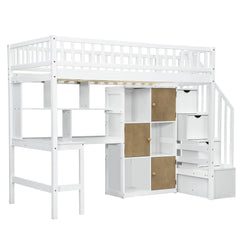 Bellemave® Twin Size Wood Loft Bed with Built-in Desk, LED, Storage Shelves, Cabinets and Staircase