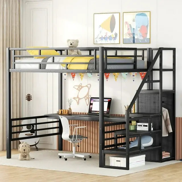 Bellemave® Full Size Metal Loft Bed with Desk, Storage Stairs and Small Wardrobe Bellemave®