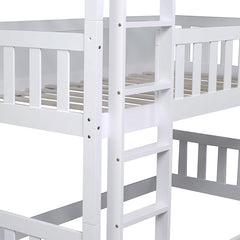 Bellemave® Twin over Twin over Twin Rubber Wood Triple Bunk Bed with Ladders and Guardrails(Detachable)