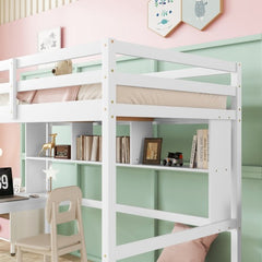 Bellemave® Twin Size Loft Bed with Built-In Desk and Bookcase of Three Compartments, Guardrails and Ladder