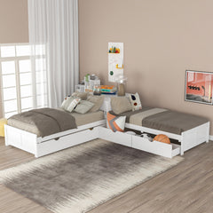 Bellemave® Twin Size L-shaped Platform Bed with Trundle and Drawers Linked with Built-In Desk