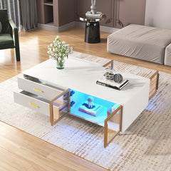 Bellemave® Modern Coffee Table with 2 Glass Door Storage and 4 Drawers, Gold Metal Legs and Multi-Color Lighting