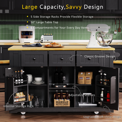 Bellemave® 53" Large Kitchen Island on 5 Wheels with Drop Leaf, Power Outlet, Door Internal Storage Rack, 5 Open Side Racks, 3 Drawers