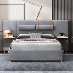 Bellemave® Upholstered Platform Bed with Two Outlets and USB Charging Ports on Both Sides, Two Bedside Pillows