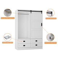 Bellemave® Modern Wardrobe with Hanging Rod and Barn Door ,Drawers  and Open Shelves