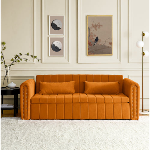 Bellemave® 82.3" 3 in 1 Pull-Out Modern Upholstered 3 Seats Lounge Sofa with Rolled Arms Decorated and Copper Nails ,2 Drawers and 2 Pillows
