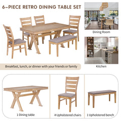 Bellemave® 6-Piece Retro Dining Table Set, Table with Unique Legs and 4 Upholstered Chairs & 1 Bench