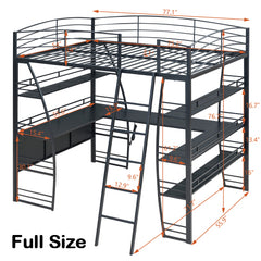 Bellemave® Metal Loft Bed with 4 Layers of Shelves and L-shaped Desk, Desk with a set of Sockets, USB Ports and Wireless Charging