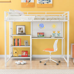 Bellemave® Metal Loft Bed with Desk and Whiteboard, 3 Shelves and Ladder