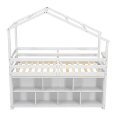 Bellemave® Twin Size House Loft Bed with Roof Frame, Under Bed Shelving Storage Unit, Guardrails, Ladder Bellemave®