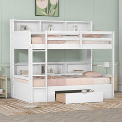 Bellemave® Twin Size Bunk Bed with Built-in Shelves Beside both Upper and Down Bed and Storage Drawer