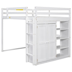 Bellemave® Full Size Loft Bed with Built-in Wardrobe and Storage Shelves, LED Light