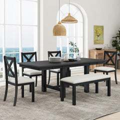 Bellemave® 6-Piece Extendable Dining Table with Footrest, 4 Upholstered Dining Chairs and Dining Bench