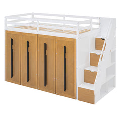 Bellemave® Twin Size Loft Bed with Two-Tone Storage Stairs and Pull-Out Wardrobe